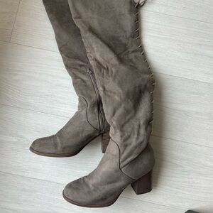Taupe Lace-up Over the Knee Heeled Boots